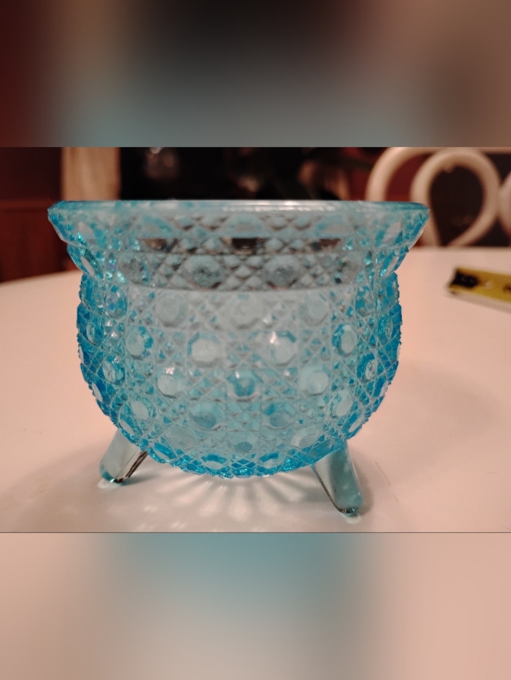 Fenton Turquoise Blue Glass Button 3 Footed Kettle Cauldron 3" x 2.5"